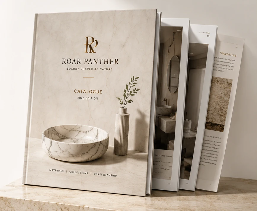 Roar Panther luxury natural-stone catalogue displayed with several open preview pages