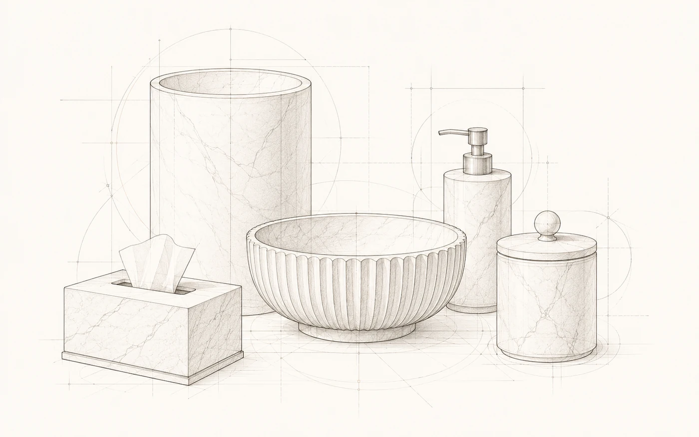 Architectural blueprint showing five products from the Bath Collection