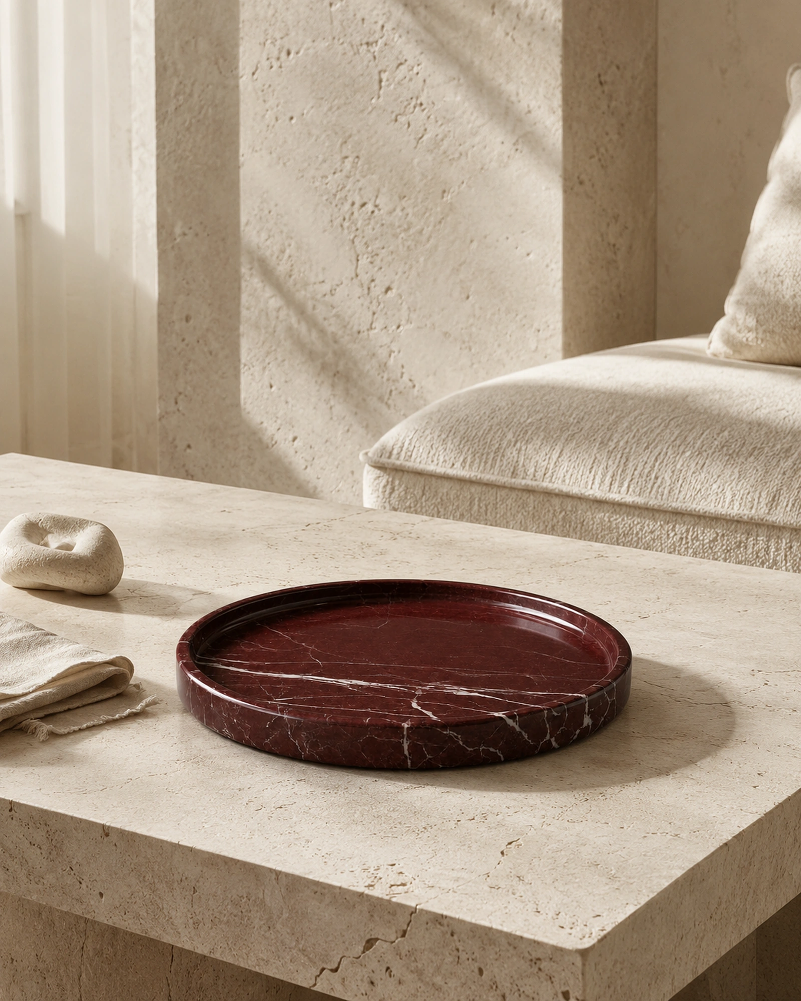 Handcrafted marble tray styled in a warm luxury interior