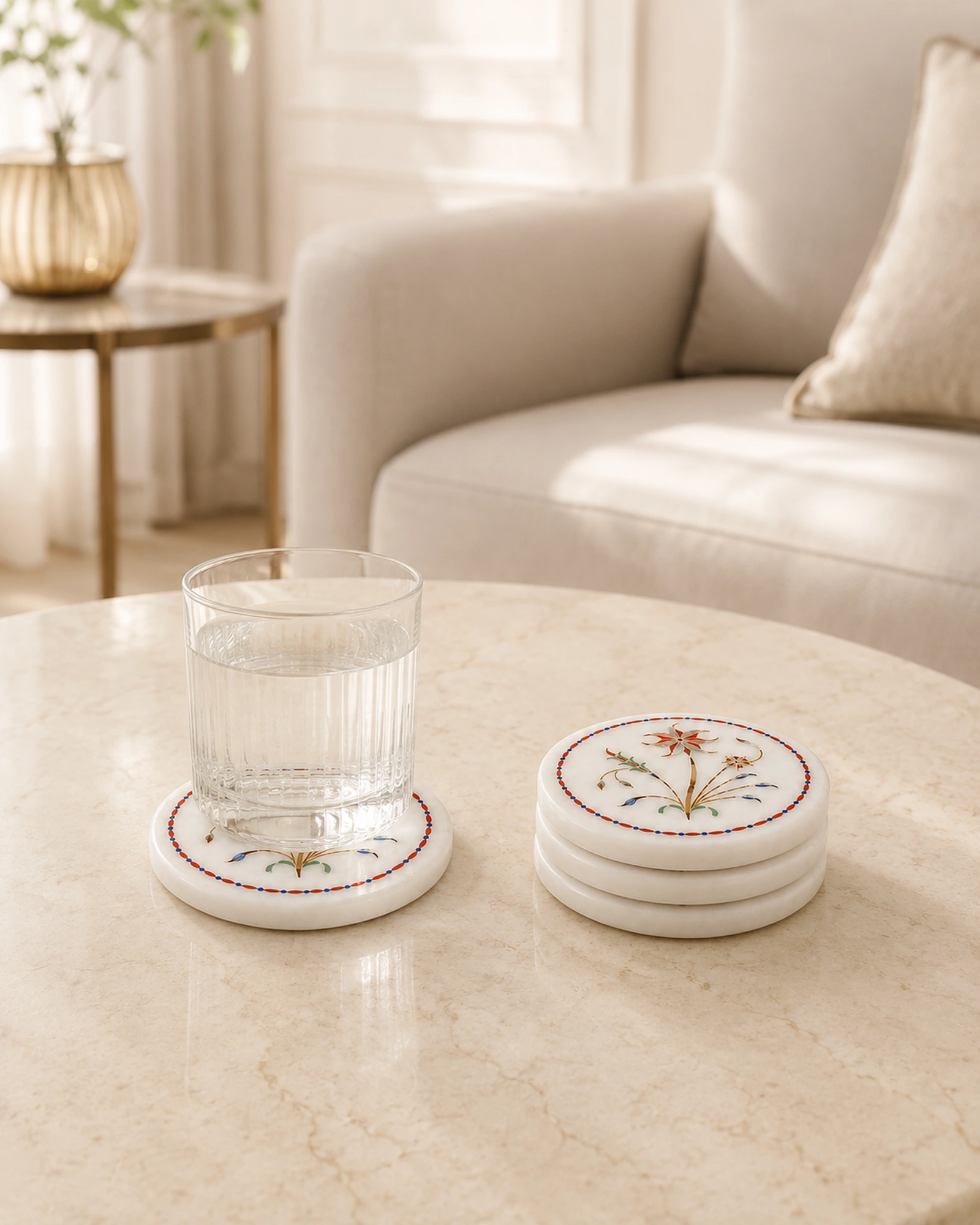 Premium marble coasters arranged in an editorial stone setting