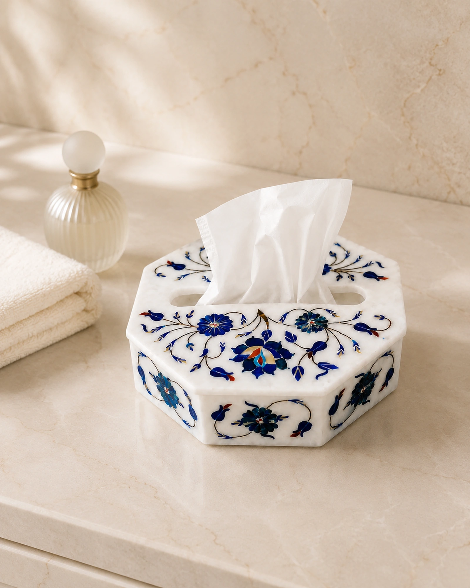 Fluted marble tissue box in a refined neutral interior