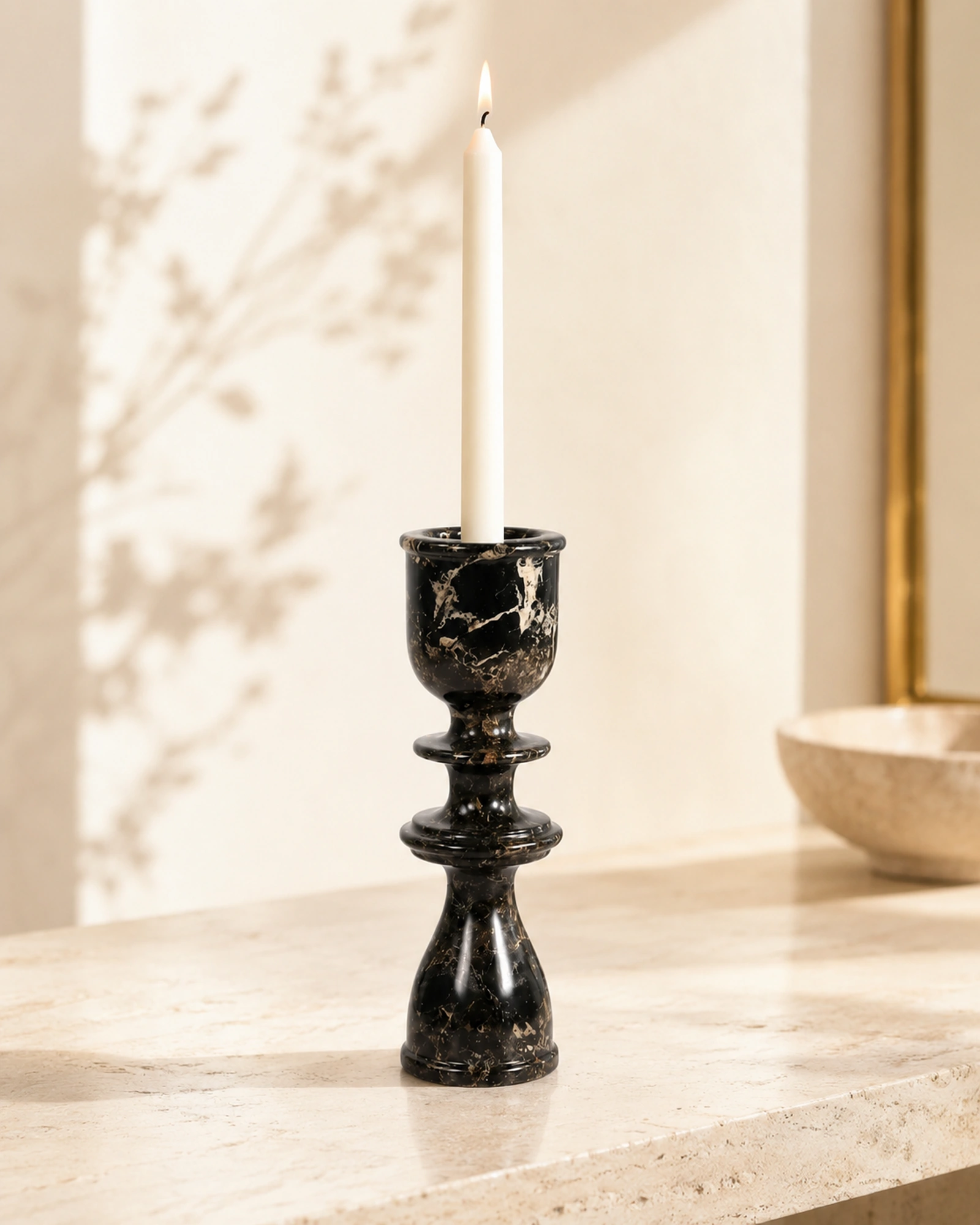 Sculptural natural stone candle holder with warm ambient light