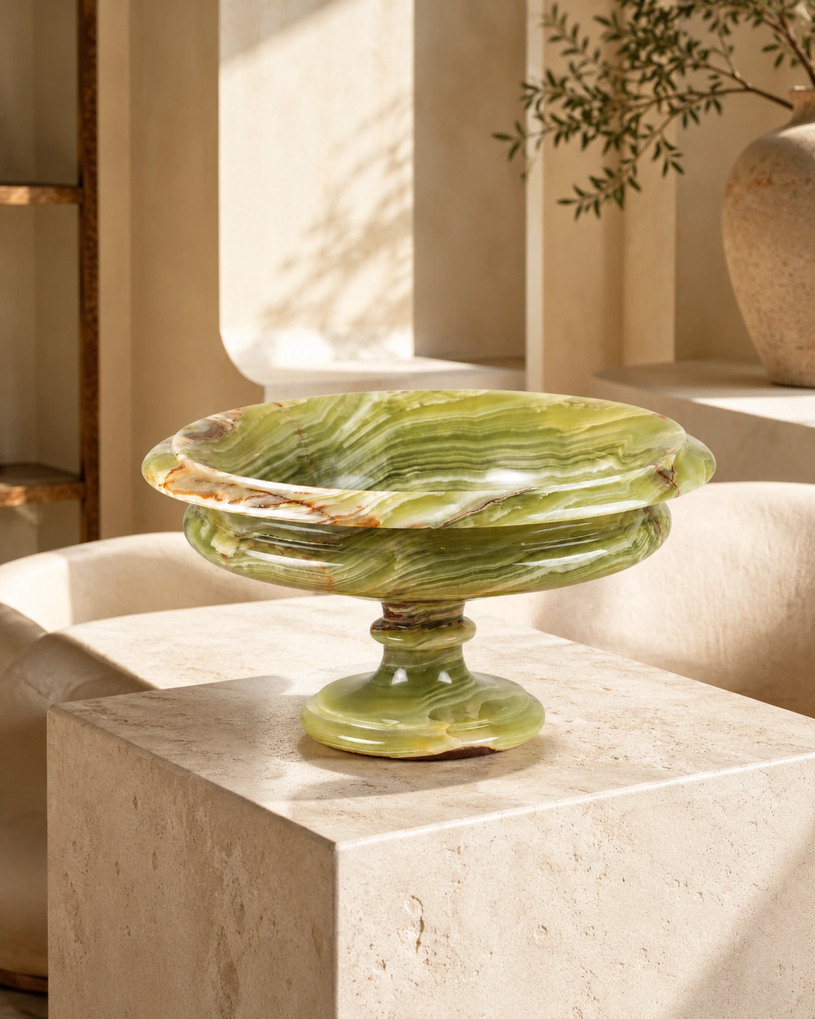 Decorative stone bowl displayed on a luxury marble surface