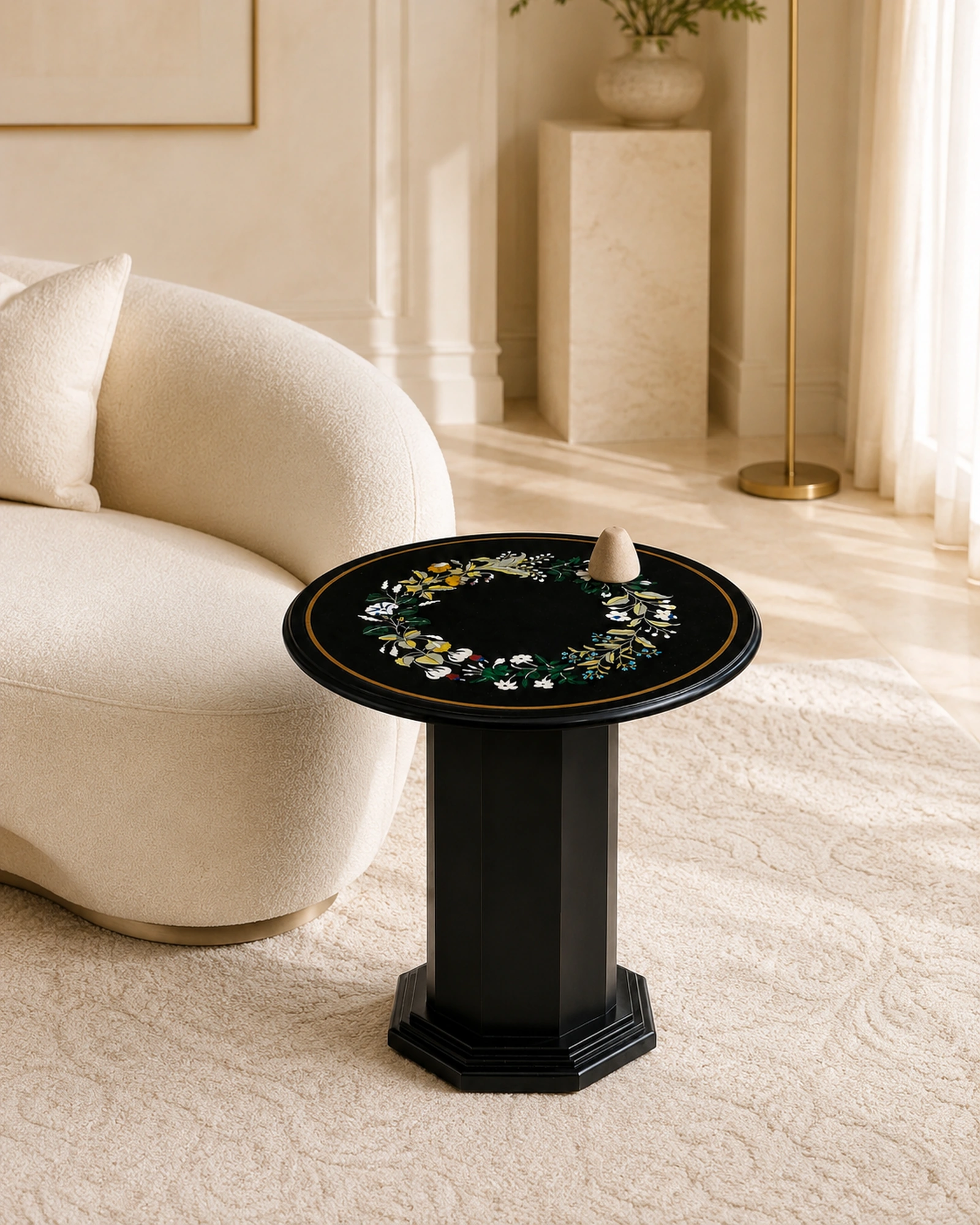 Sculptural marble side table in a premium neutral interior