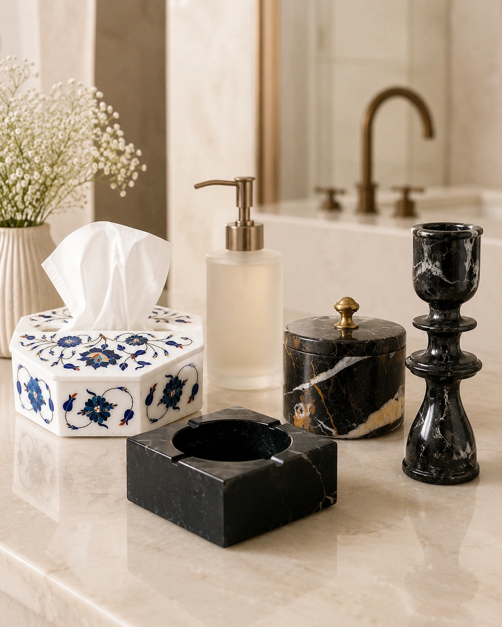 Coordinated marble bathroom accessories in a refined vanity setting