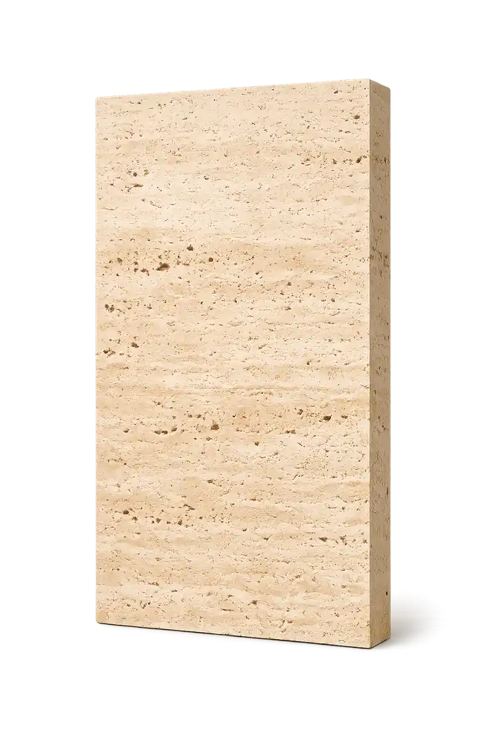 Warm beige travertine slab with visible pores and horizontal layered movement