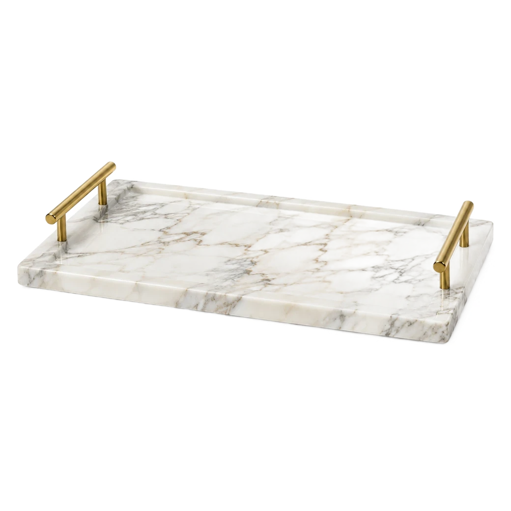 White marble serving tray with brass handles