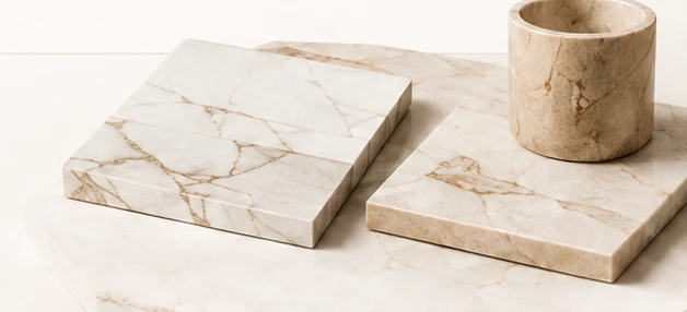 Pale marble samples with a cylindrical natural stone vessel