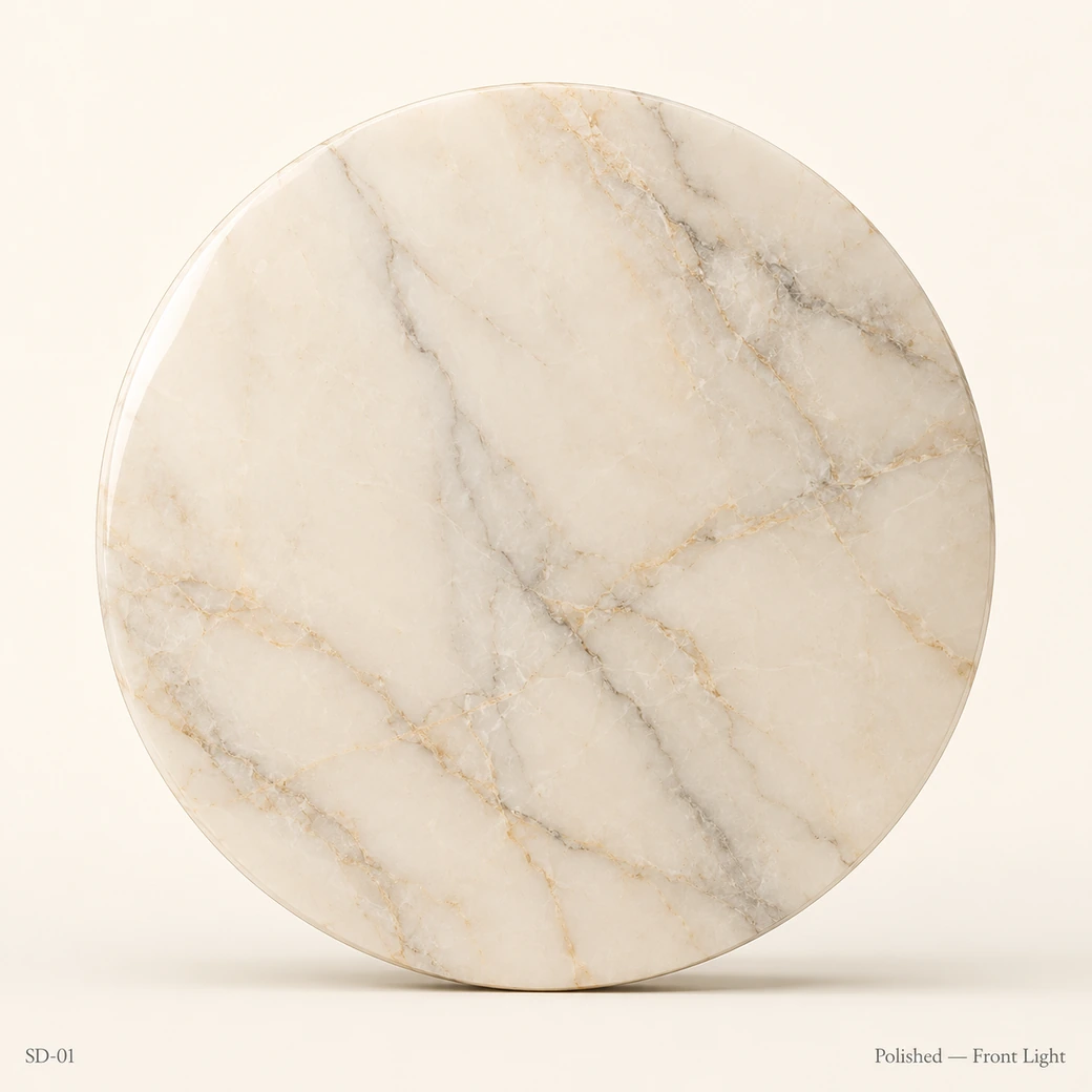 Warm ivory stone disc with polished finish under front light