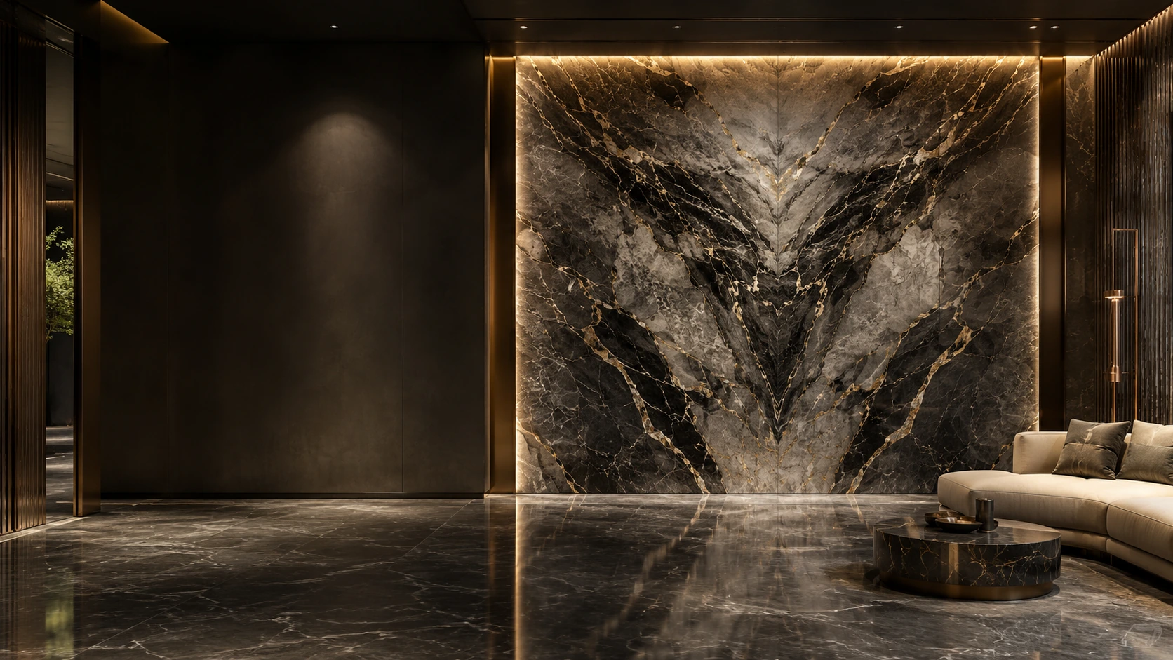 Symmetrical bookmatched marble wall with mirrored natural veining