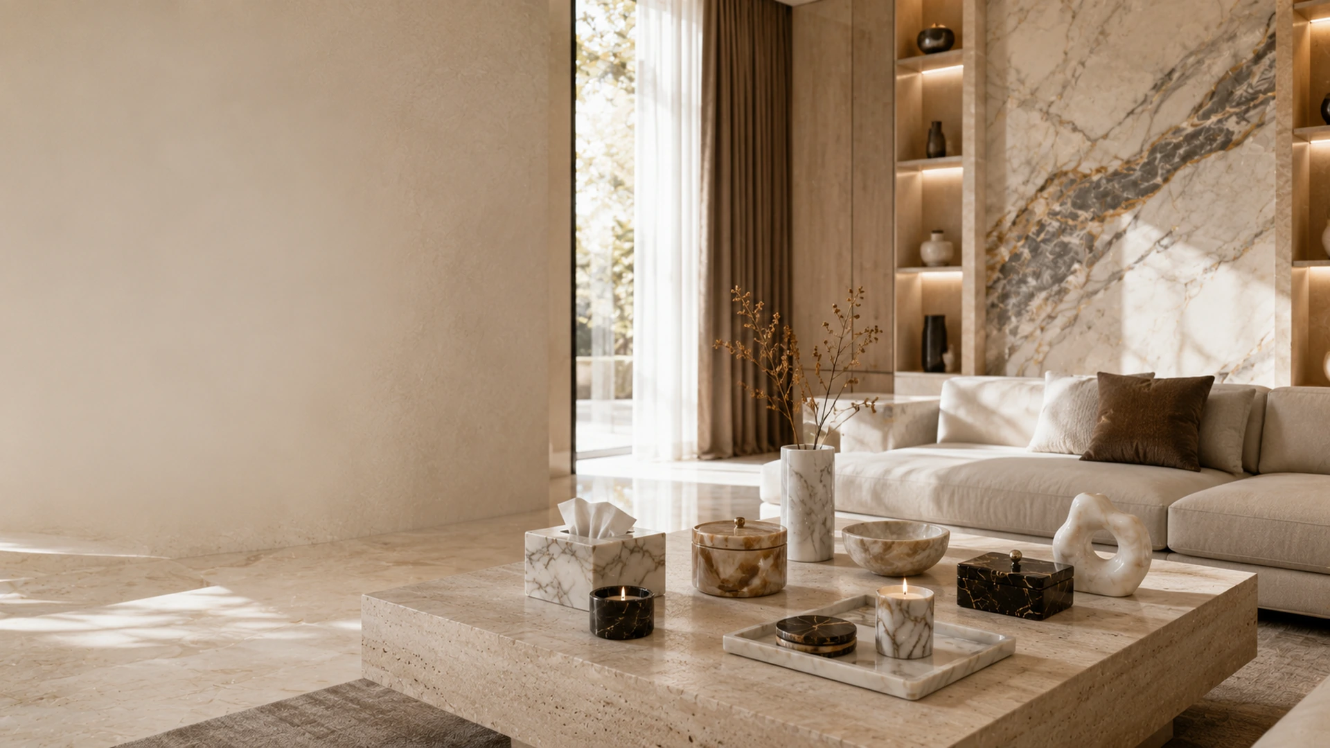Bright Roar Panther living space featuring natural stone furniture and decor