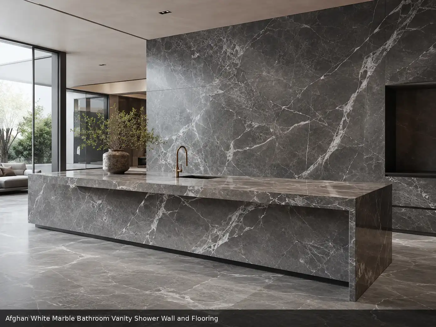 Luxury bathroom interior with premium white architectural stone vanity, shower wall cladding and large-format honed flooring.