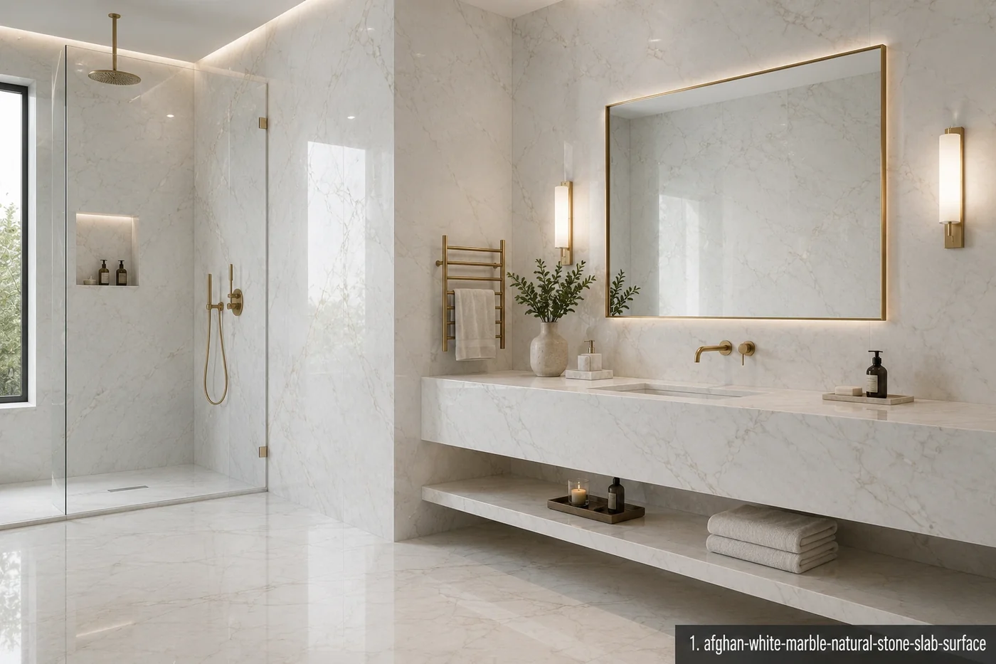 Fine grained white marble bathroom with polished wall cladding, vanity countertop, shower walls and luminous ivory flooring.