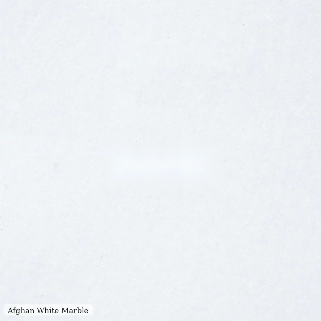 Afghan White Marble slab with pure white crystalline marble texture, soft grey veining, ivory tones and polished finish.