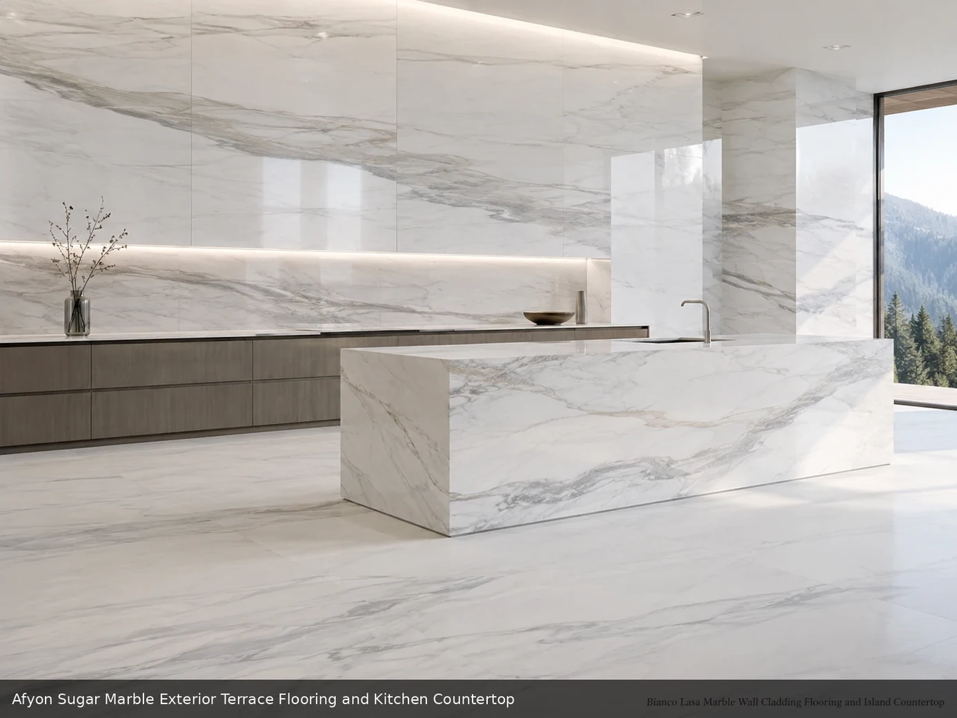 Covered terrace and kitchen with warm white architectural marble flooring and a polished island countertop in soft daylight.