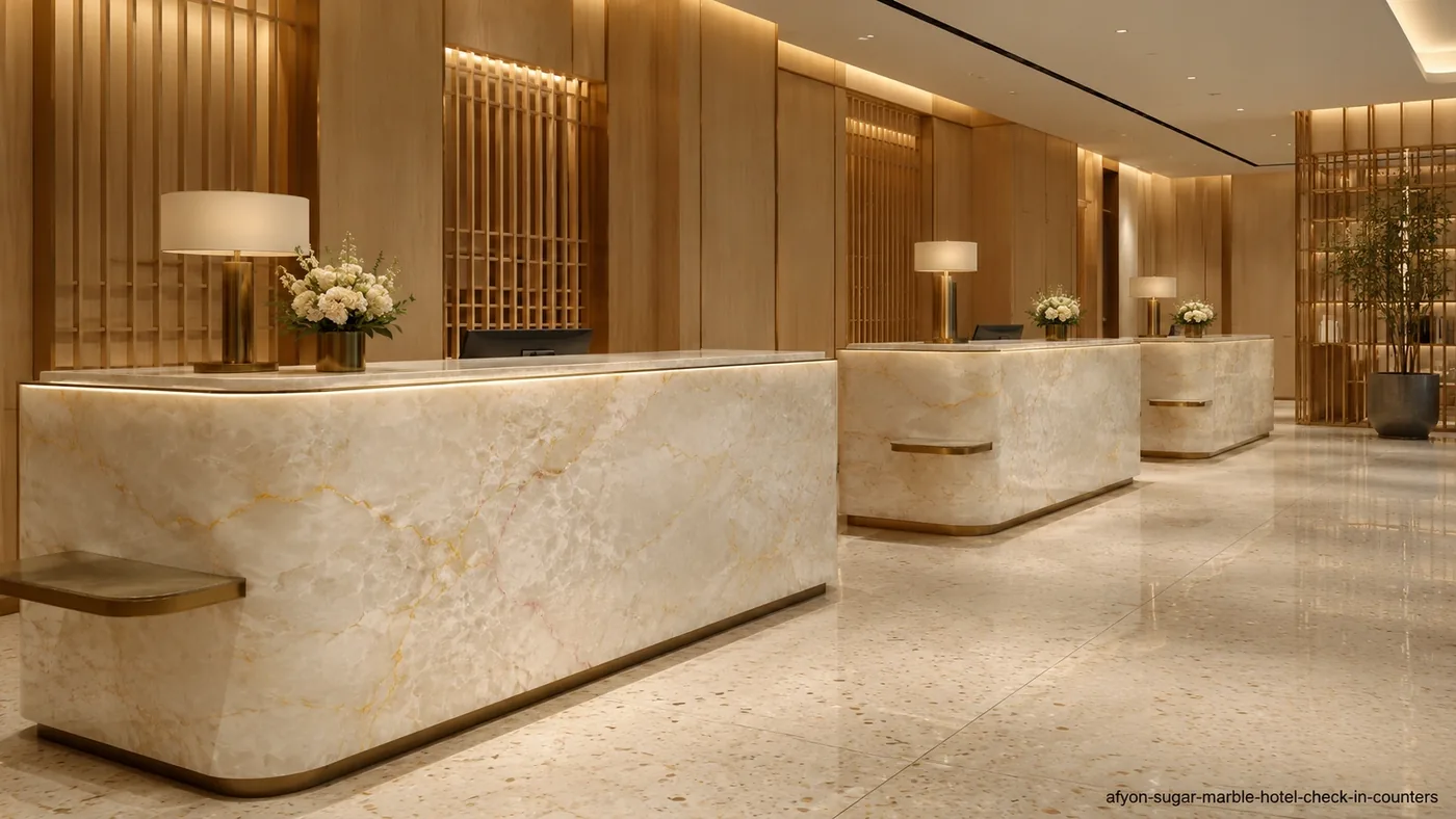 Afyon Sugar Marble hotel check-in counters with creamy white stone, delicate gold veining and softly curved fronts.