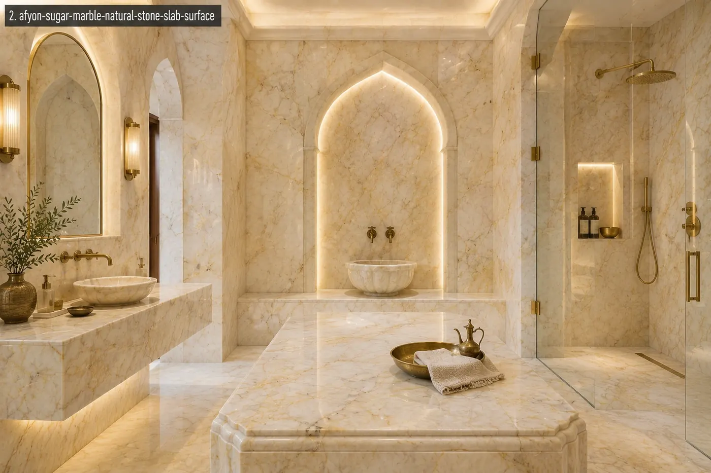 Fine grained Turkish marble in a hammam bathroom with creamy walls, vanity, shower surfaces, warm brass and honed flooring.