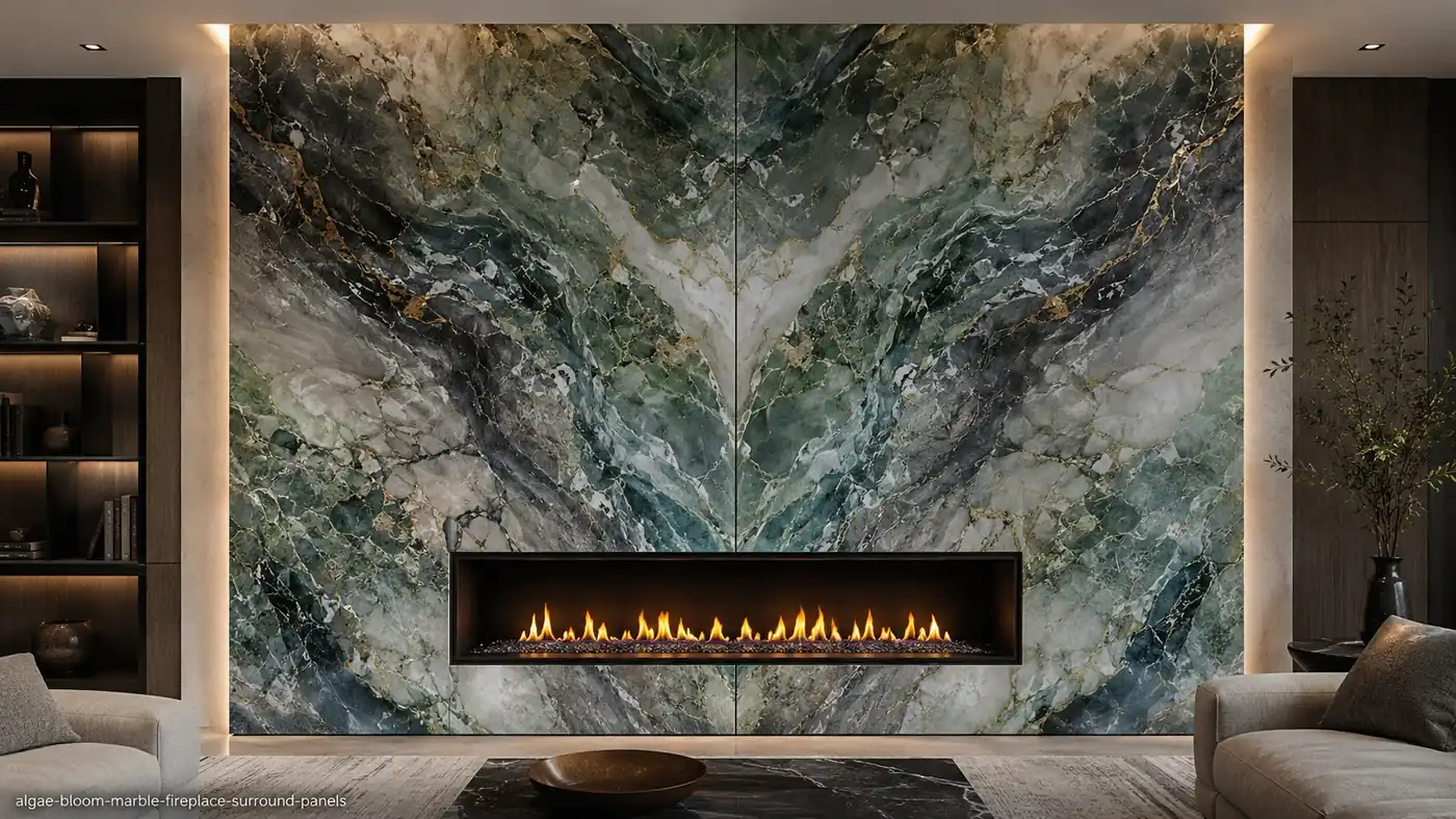 Algae Bloom Marble fireplace surround panels with swirling green, blue-grey, white and gold movement.