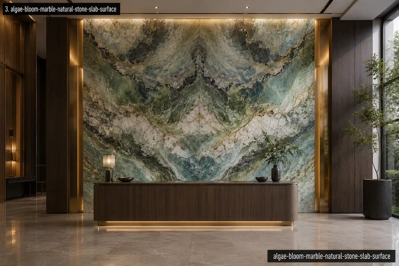 Multicolor exotic surface on a bookmatched lobby wall with moss green, teal, cream, charcoal and restrained gold movement.