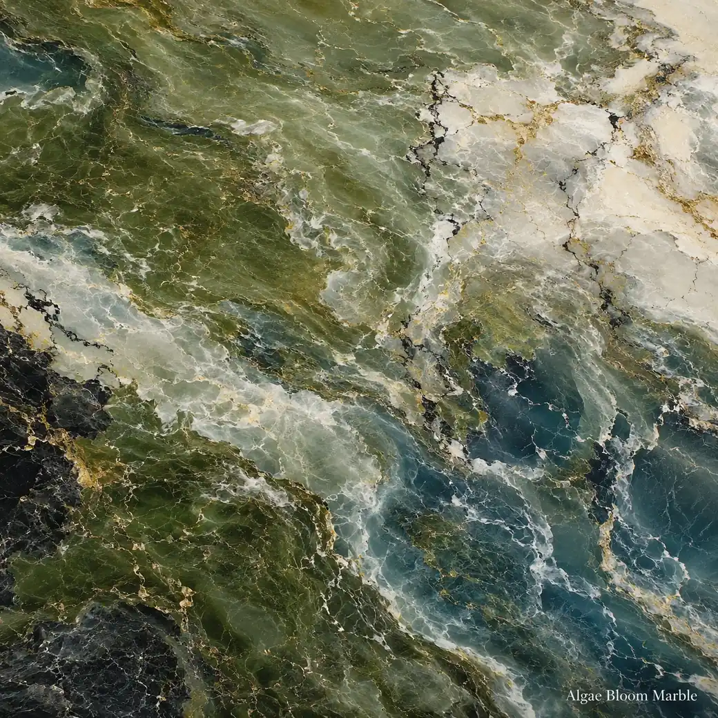 Algae Bloom Marble with oceanic blue green stone movement, creamy currents, charcoal fractures and polished mineral depth.