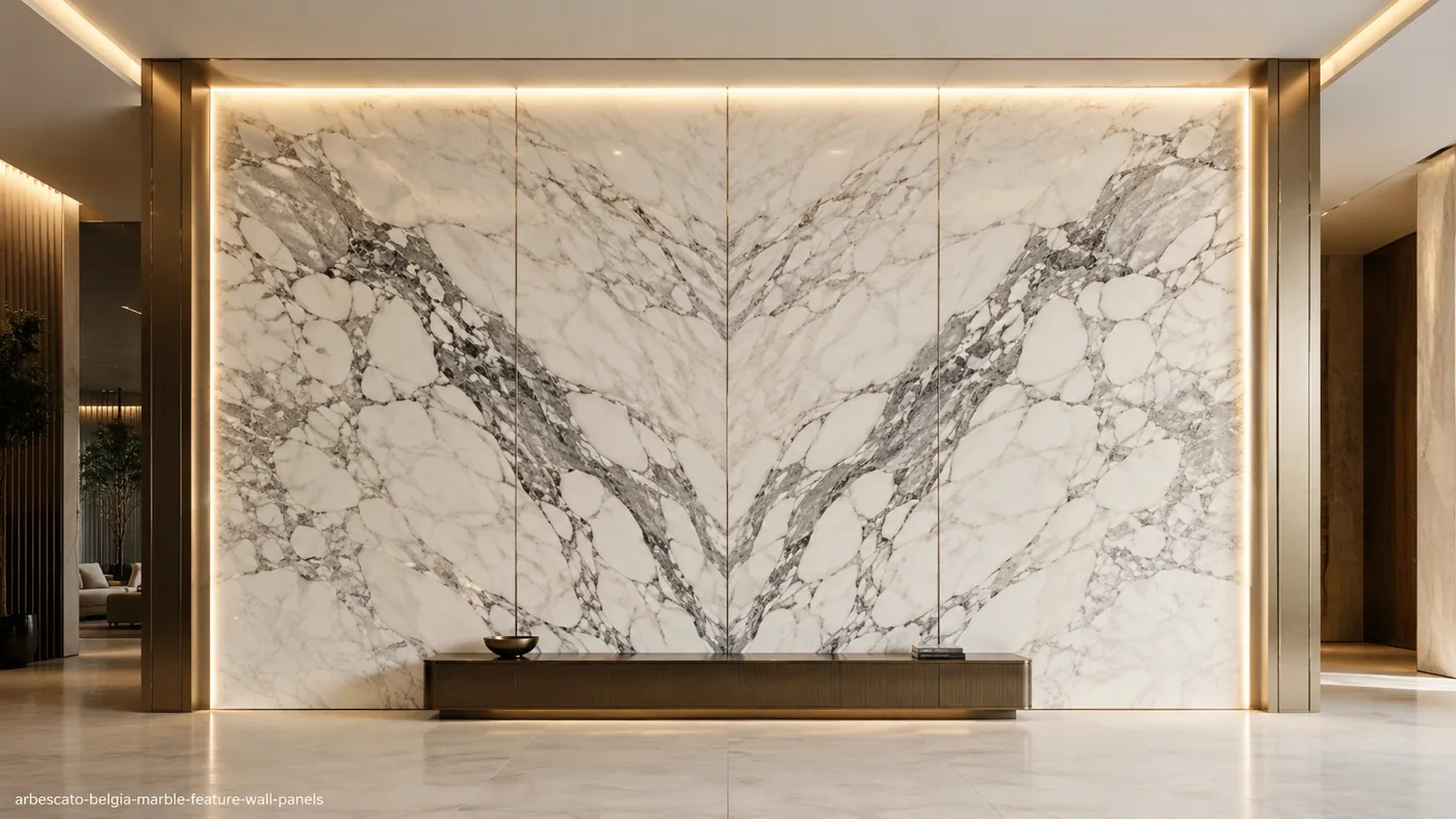 Bookmatched Arbescato Belgia Marble feature wall panels with white stone and flowing silver-grey veining.