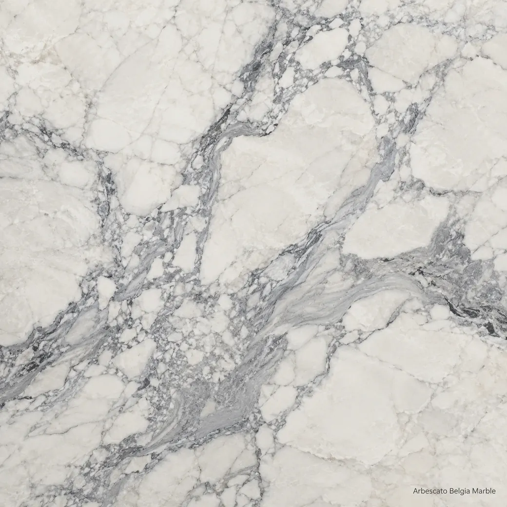 Arbescato Belgia Marble with dramatic grey veined white marble, ivory clouds, smoky ribbons and polished crystalline depth.