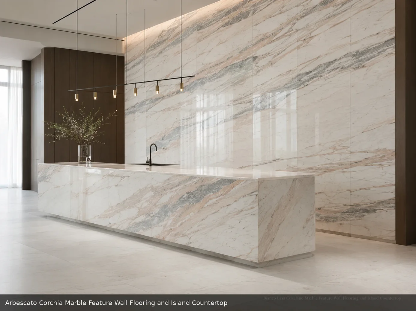 Luxury interior with expressive architectural surface on arabesque wall, honed flooring and a sculptural island countertop.