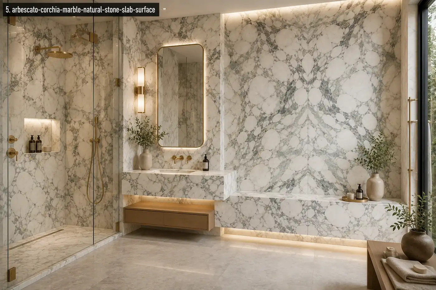 Sweeping charcoal vein surface in a luxury bathroom with bookmatched shower wall, floating vanity and honed marble flooring.