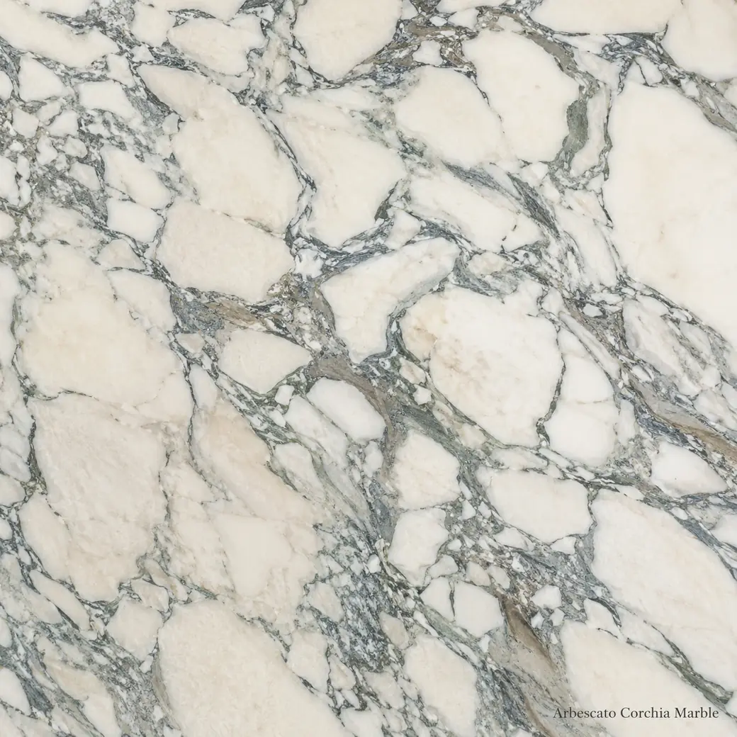 Arbescato Corchia Marble slab with bold grey veined white stone, rounded ivory clasts, blue-grey channels and polished depth.