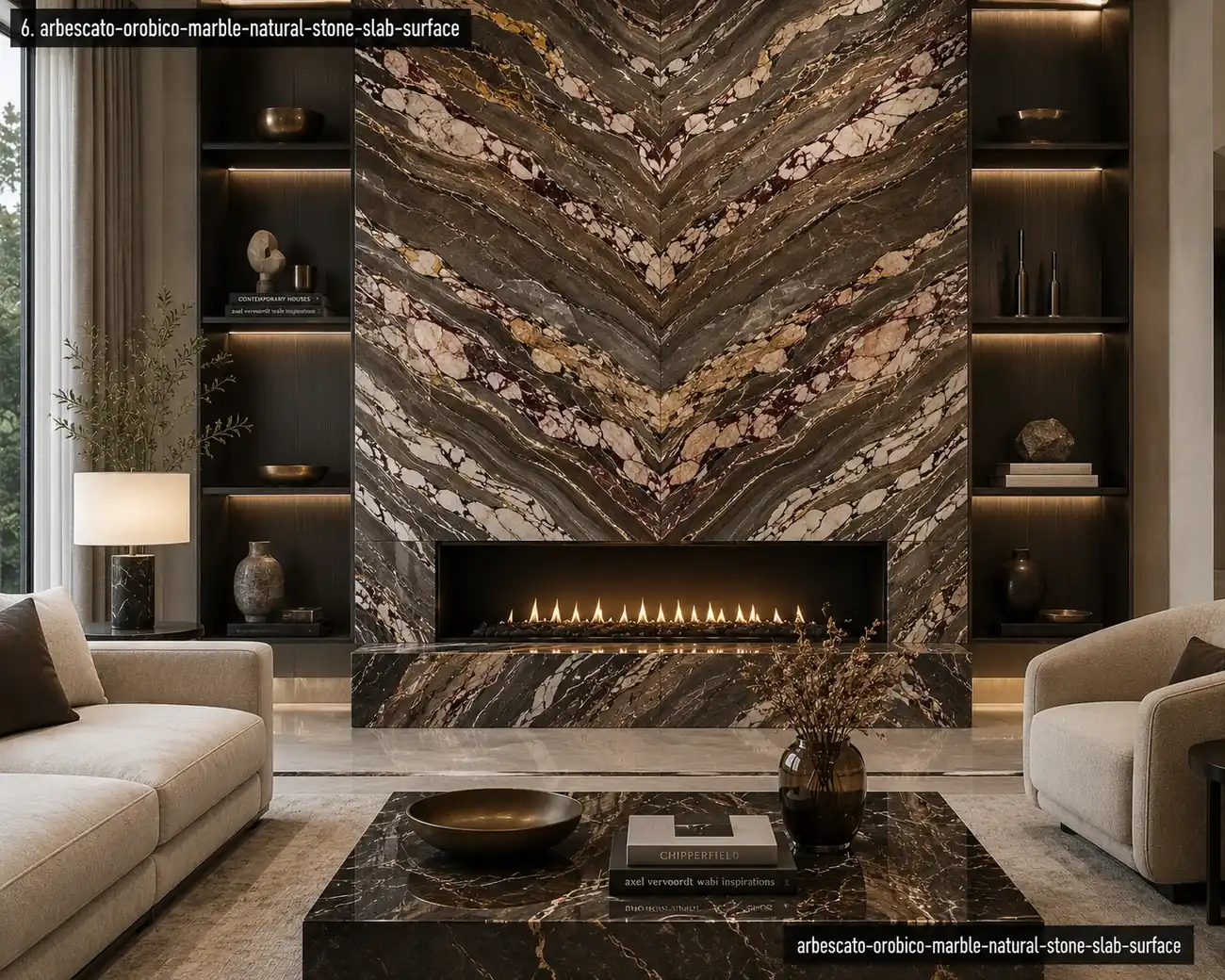 Gold veined dark marble fireplace wall with smoky grey, chocolate and charcoal layers in a warm luxury living room interior.