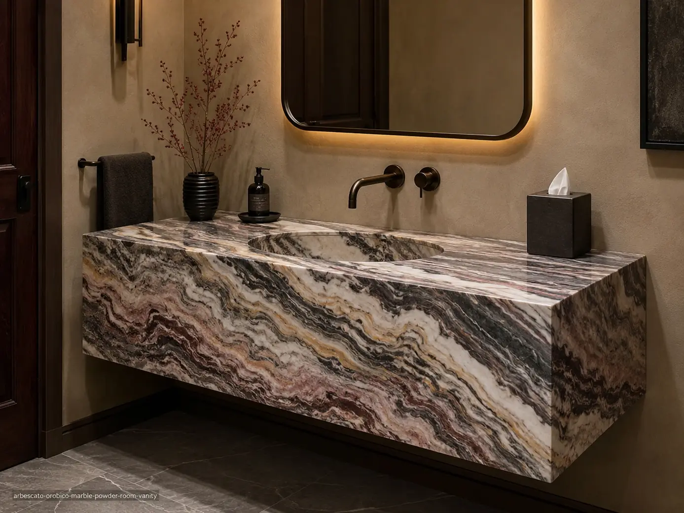 Arbescato Orobico Marble powder room vanity with layered grey, brown, gold, burgundy and pink veining.