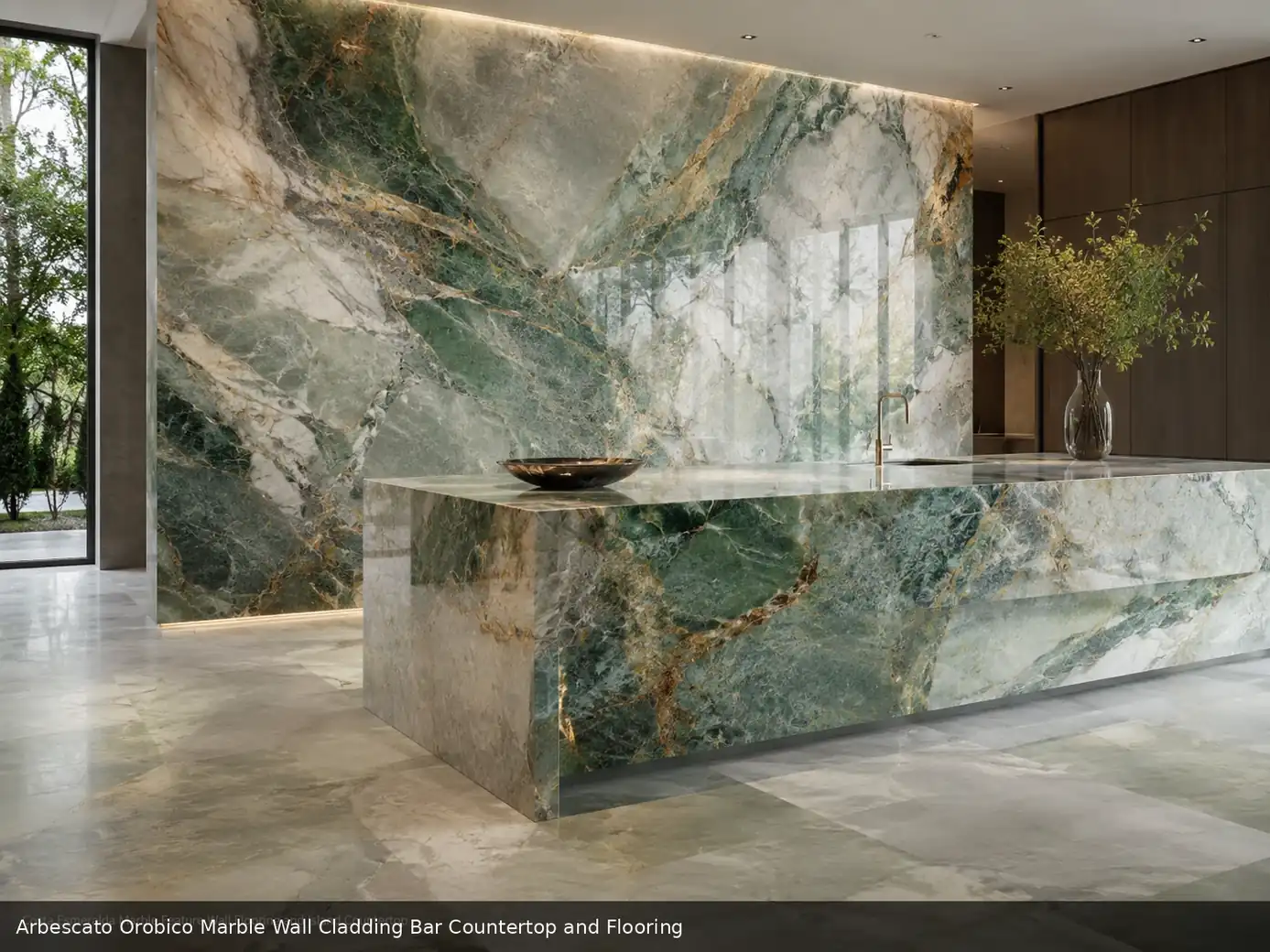 Luxury lounge with bold Italian feature stone wall cladding, honed stone flooring and a polished monolithic bar countertop.