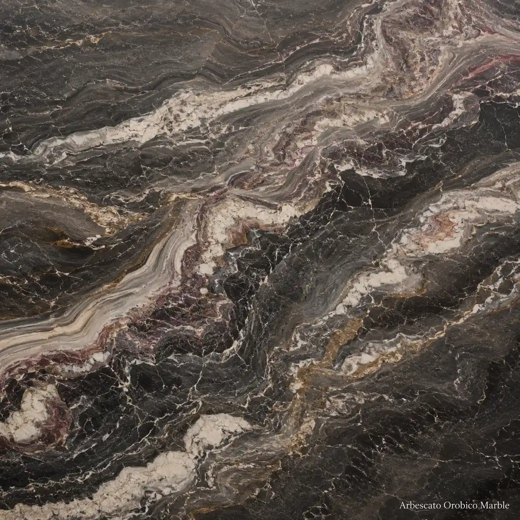 Arbescato Orobico Marble slab featuring multicolor brecciated marble, smoky grey layers, burgundy, gold and ivory veins.