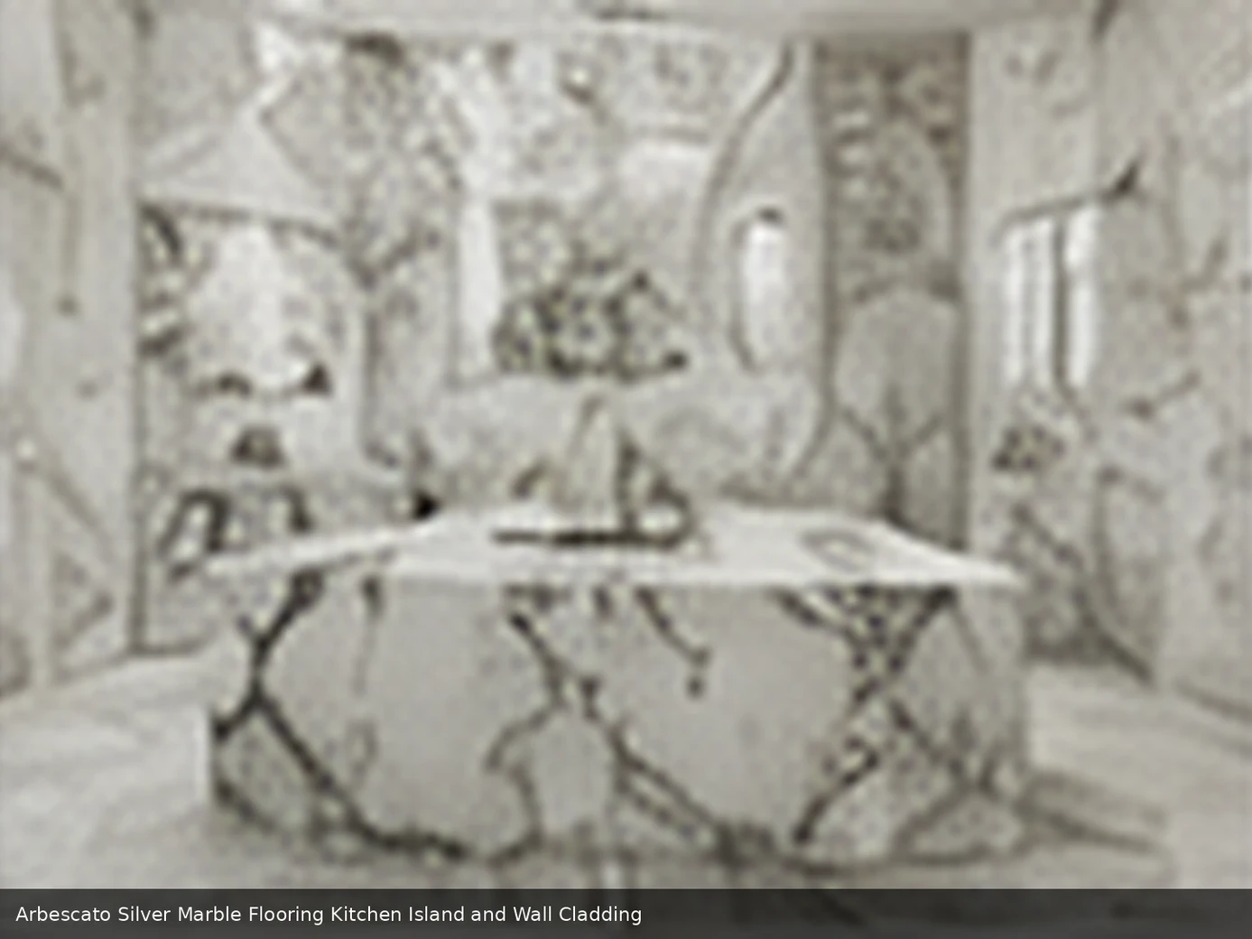 Modern interior with cloudy grey architectural marble flooring, a polished kitchen island and full-height wall cladding.