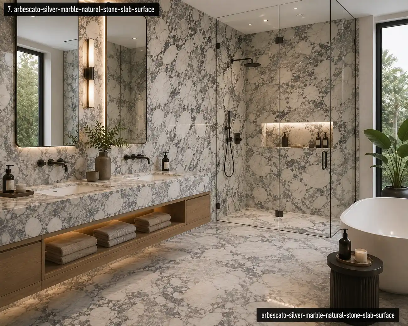Metallic grey natural surface across a double vanity, shower walls and flooring with white veins and cool charcoal borders.