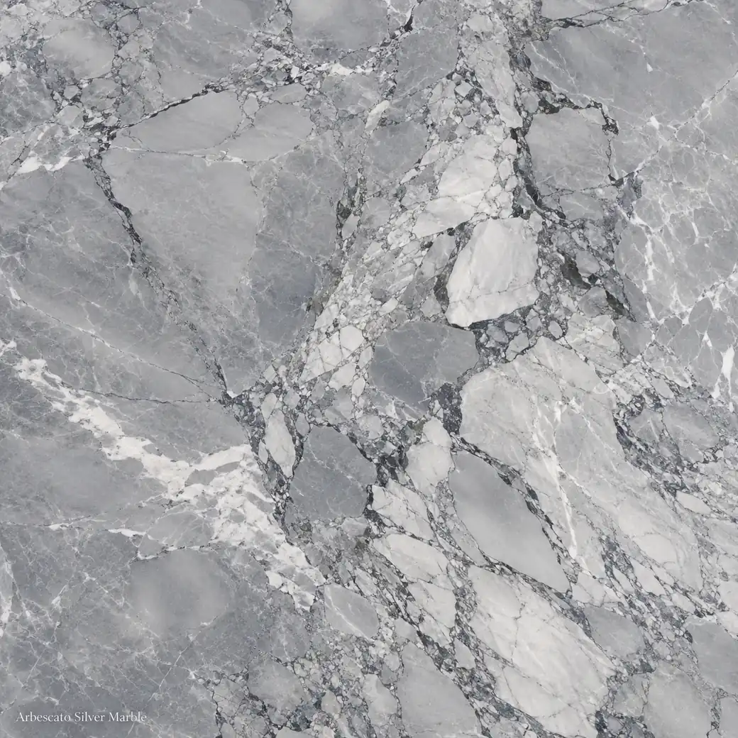 Arbescato Silver Marble with silver grey veined marble, pale fragments, charcoal fractures and polished cool-toned depth.