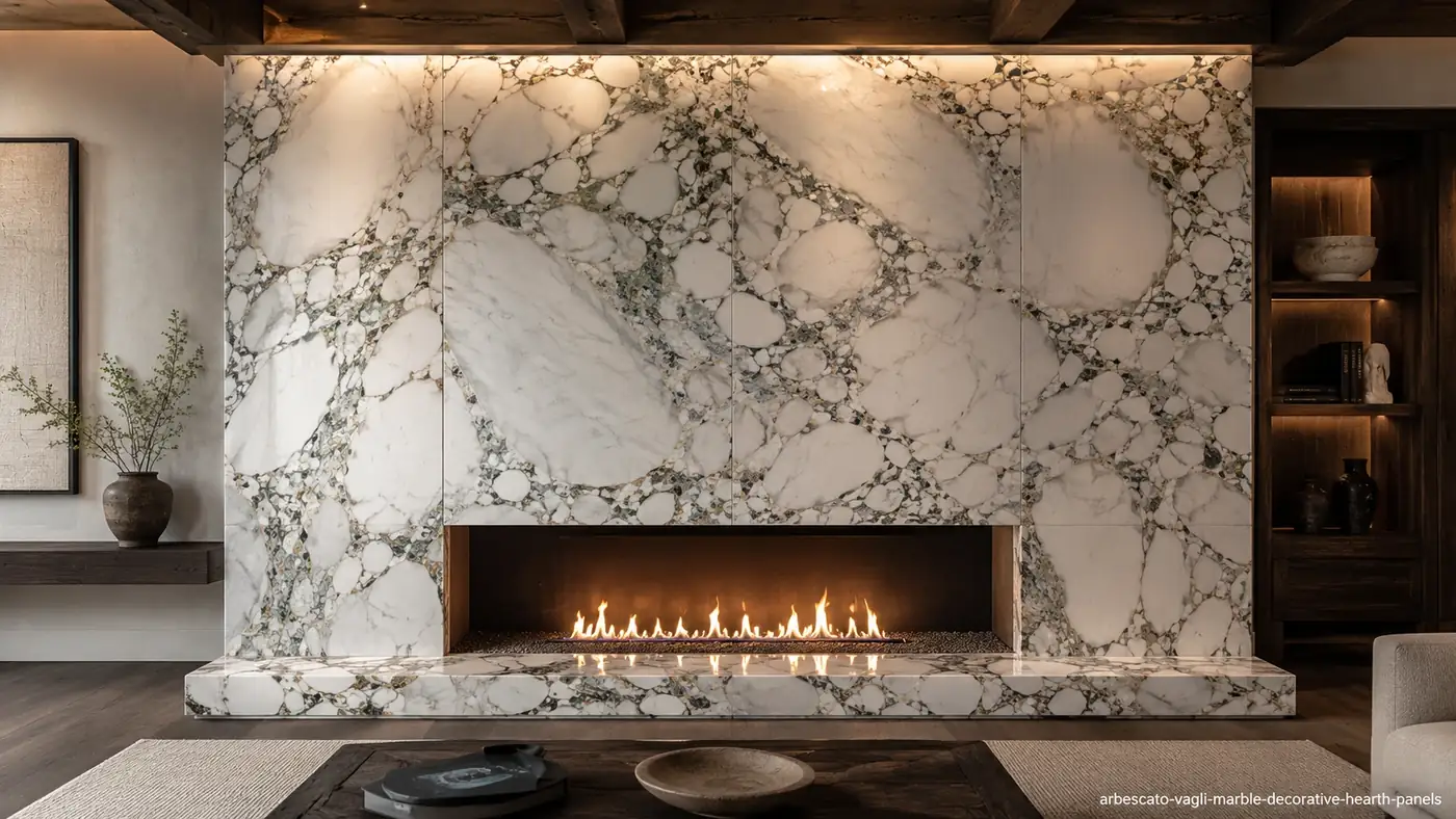 Arbescato Vagli Marble decorative hearth panels with ivory clasts, grey-green veins and polished depth.