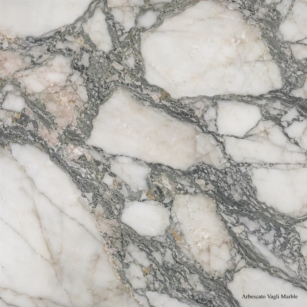 Arbescato Vagli Marble slab featuring dramatic white veined marble, grey-green channels, ivory clasts and polished depth.