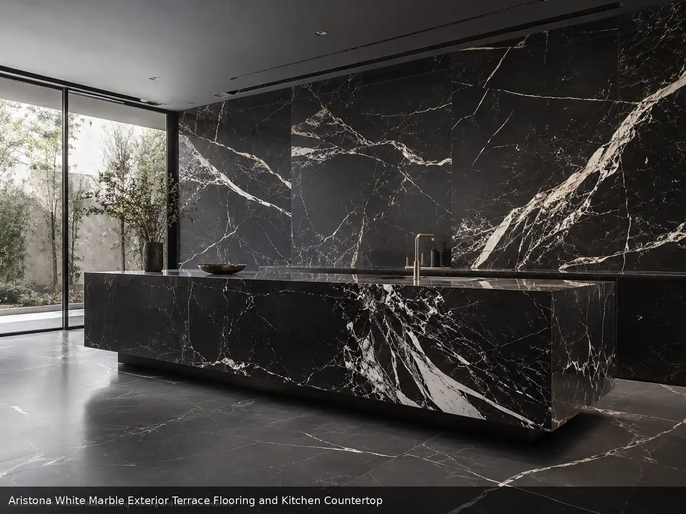 Contemporary home with elegant minimalist marble terrace paving, polished interior flooring and a clean kitchen countertop.