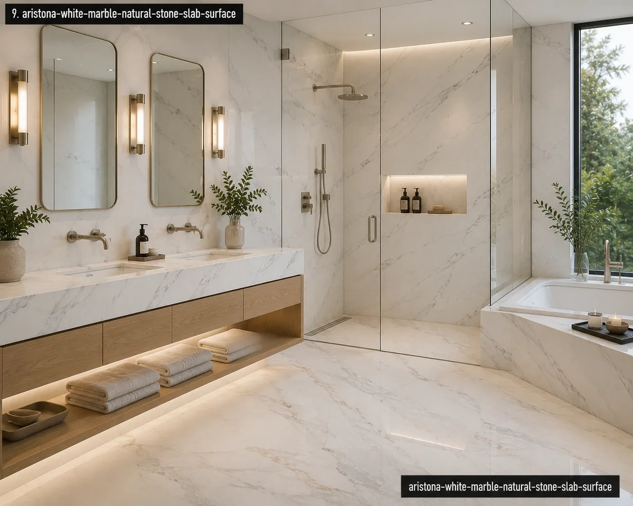 Luminous snow white surface in a bright bathroom with a vanity, bathtub surround, shower walls and smooth honed flooring.