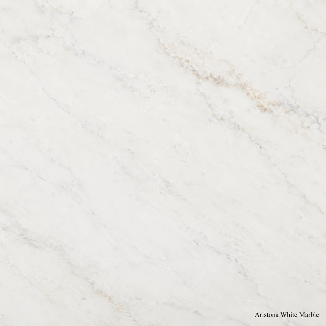 Aristona White Marble slab with brilliant white crystalline marble, faint grey wisps, warm beige traces and polished clarity.