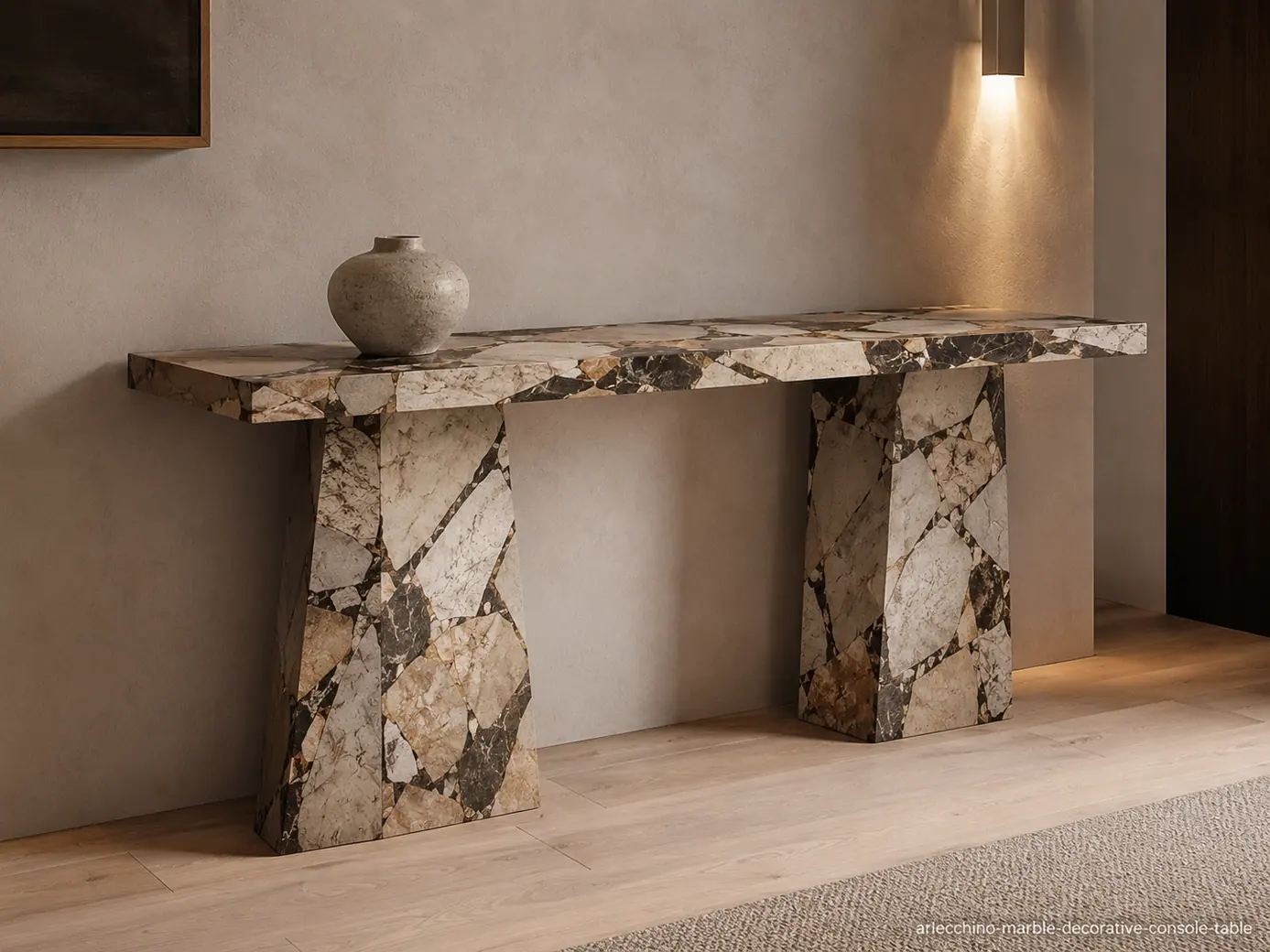Arlecchino Marble decorative console table with ivory and beige fragments divided by dark mineral seams.
