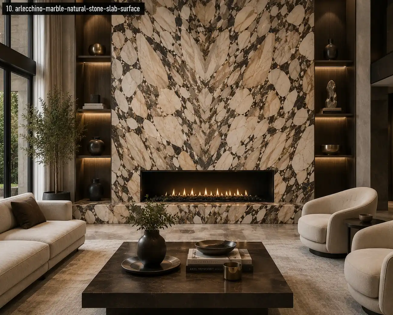 Green red mineral mosaic on a polished lounge fireplace wall with ivory fragments, dark seams and warm metallic accents.