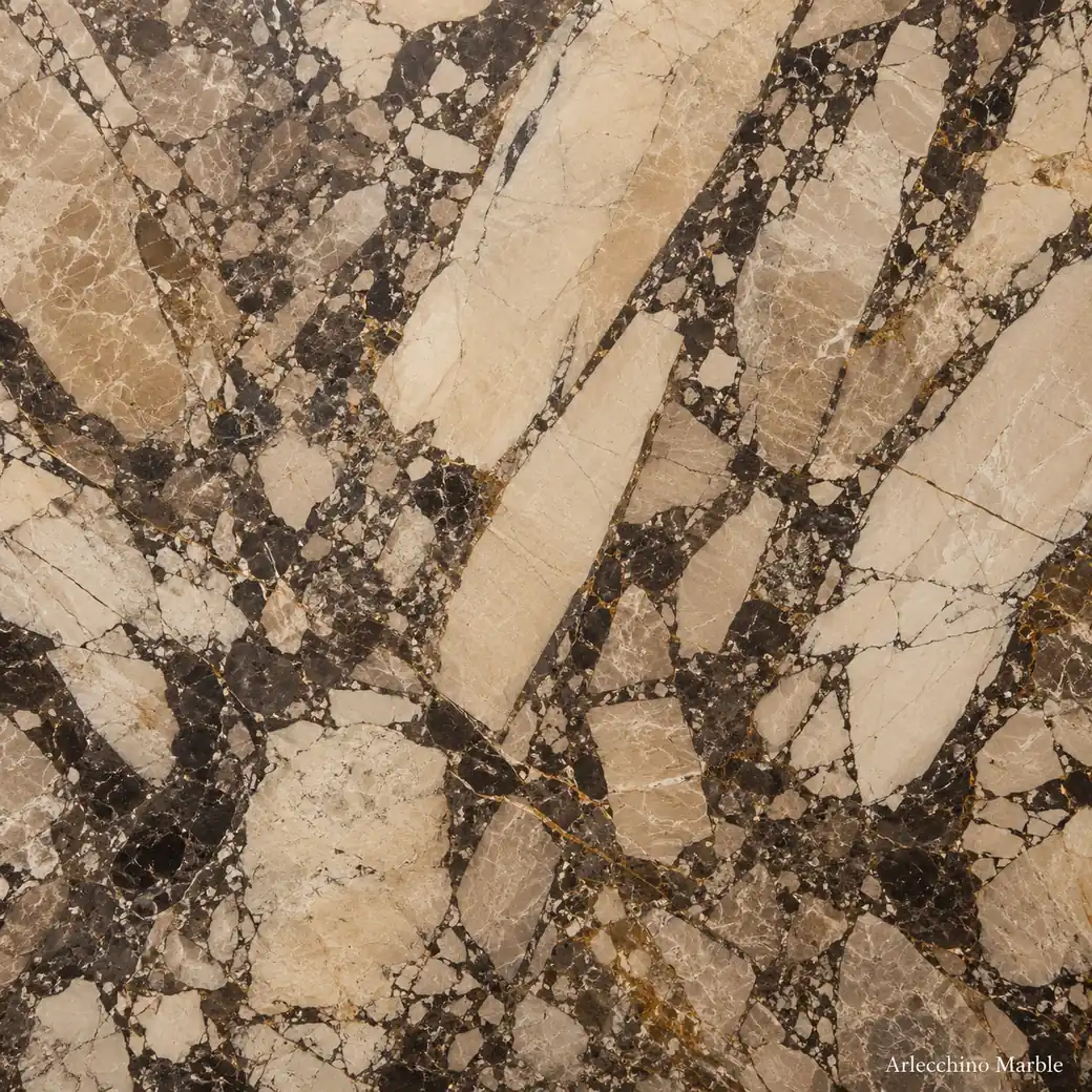 Arlecchino Marble slab featuring multicolored breccia stone, ivory fragments, smoky seams, rust accents and polished depth.
