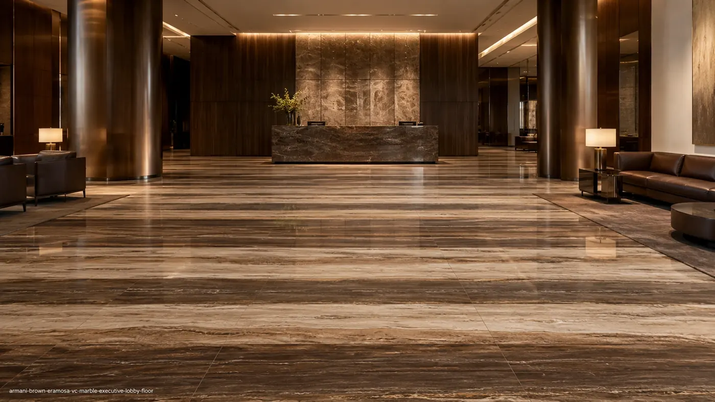 Armani Brown Eramosa VC Marble executive lobby floor with horizontal cocoa, taupe and cream wood-grain bands.