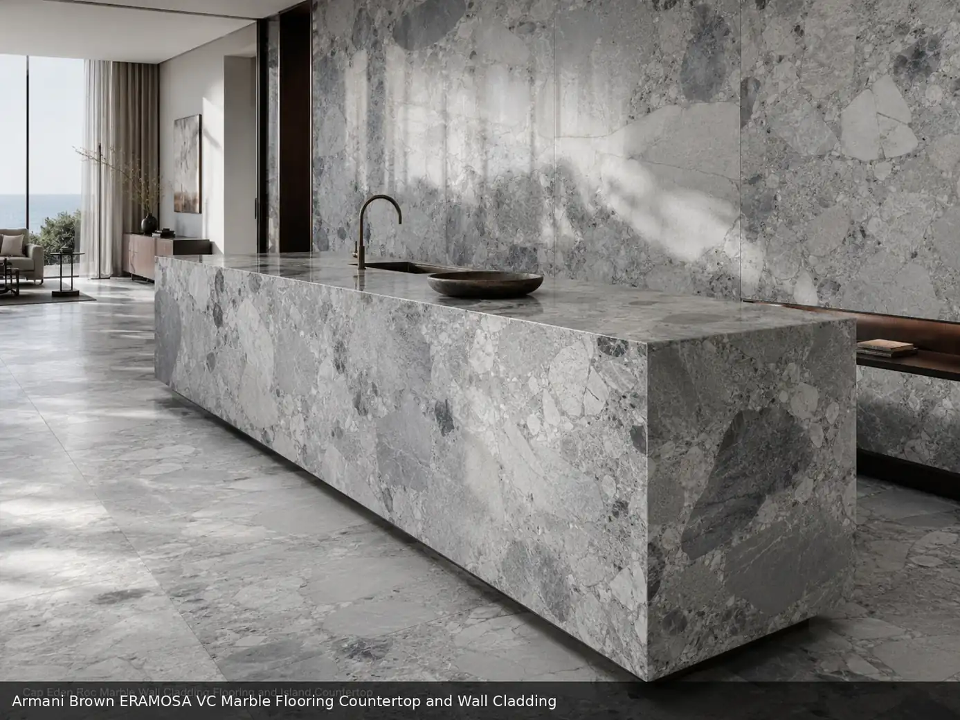 Sophisticated interior with contemporary brown feature slab wall cladding, directional flooring and a long stone countertop.