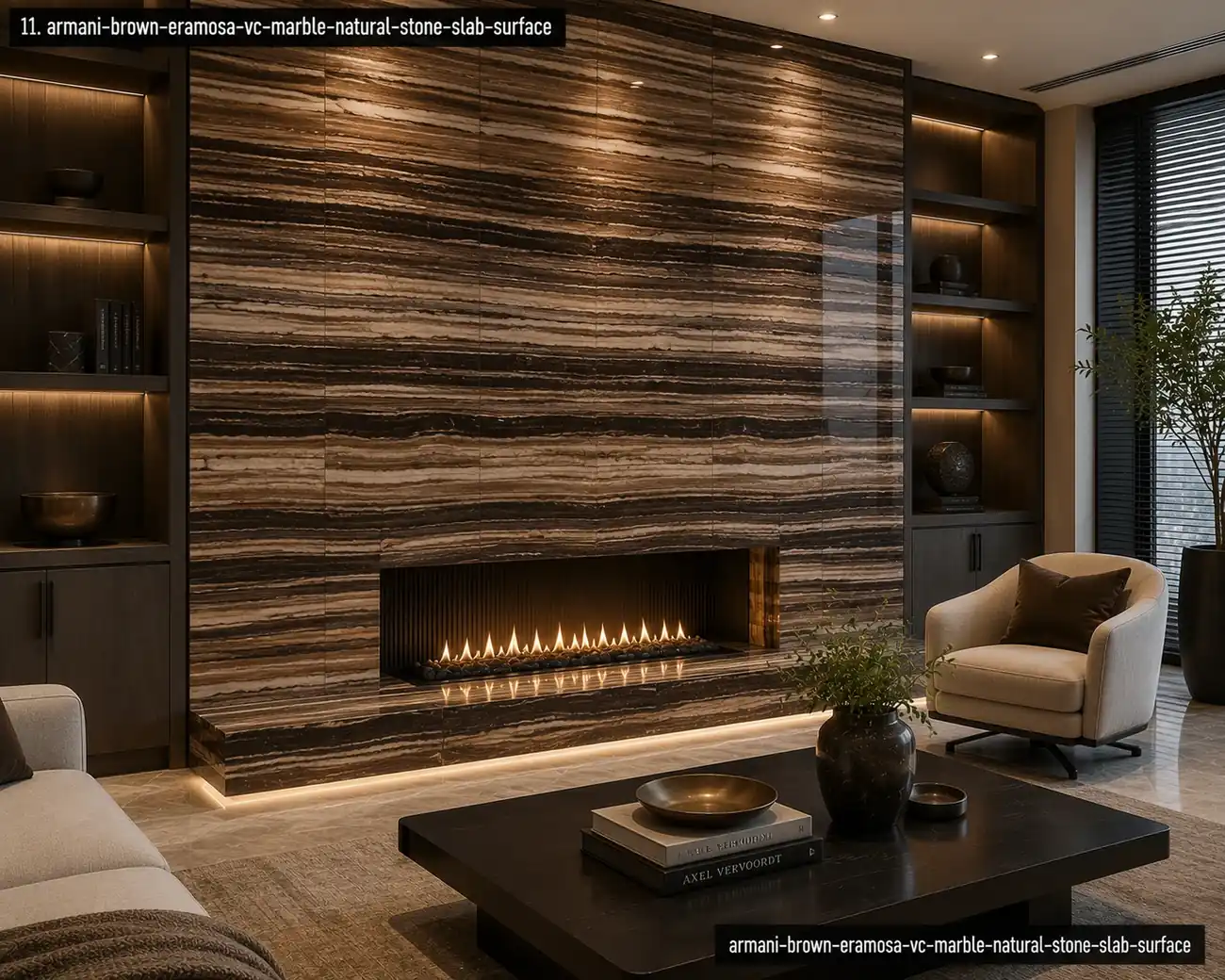 Horizontal vein cut texture on fireplace cladding with cocoa, tobacco, taupe and cream bands in a refined executive office.