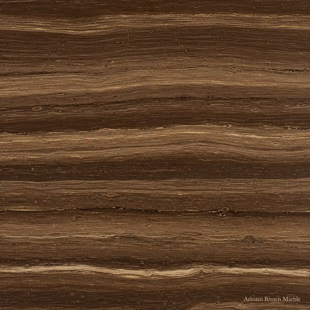 Armani Brown Eramosa VC Marble with linear brown wood grain stone, cocoa bands, cream layers and polished sedimentary finish.