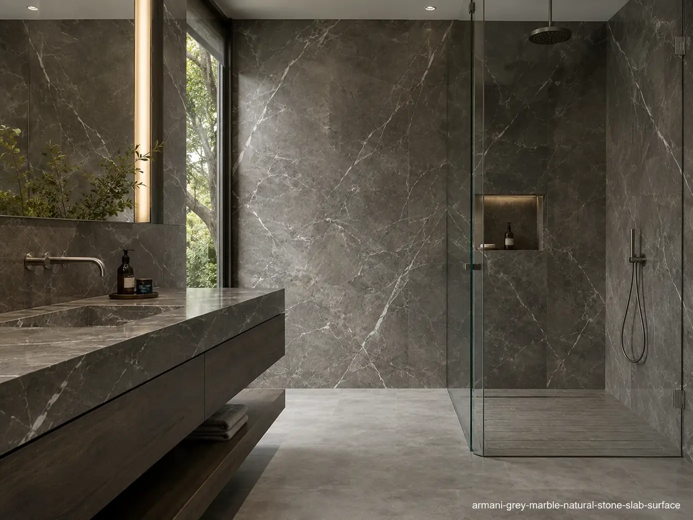 Fine white linear veining across smoky grey bathroom walls, floating vanity and walk-in shower with dark timber cabinetry.