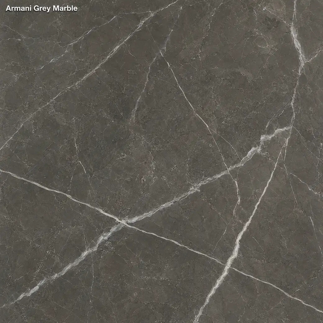Armani Grey Marble slab featuring charcoal grey veined stone, silver wisps, smoky clouds and a rich natural polished finish.